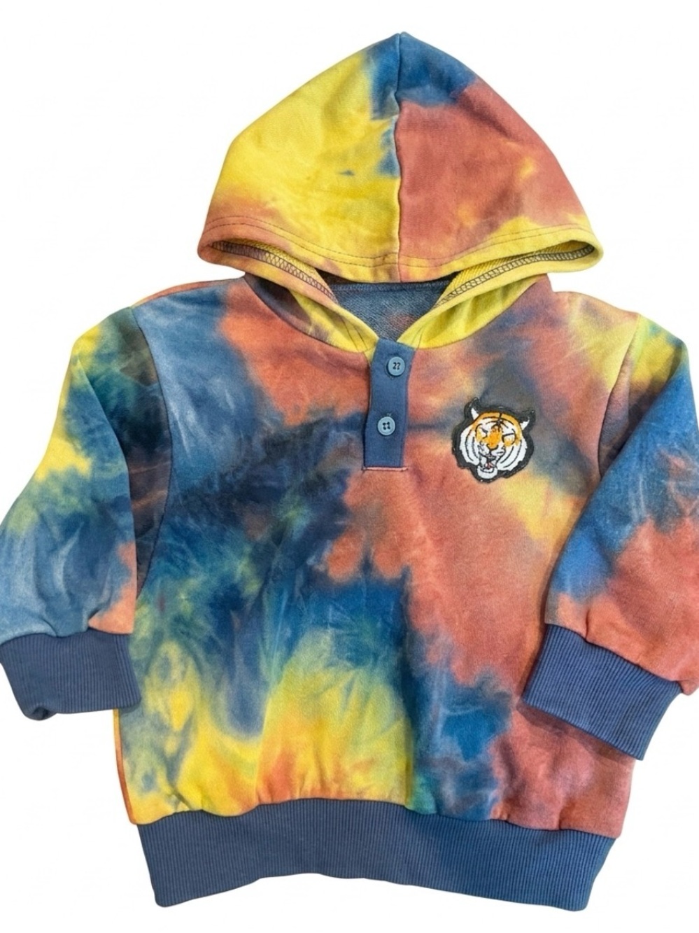 Source Unknown Kids Tie-Dye Hoodie in Yellow, Blue & Orange with Tiger Patch